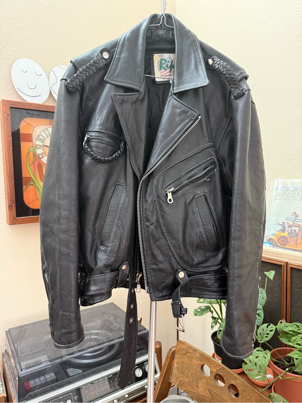 Black Genuine Leather Motorcycle Jacket with Braided Accents